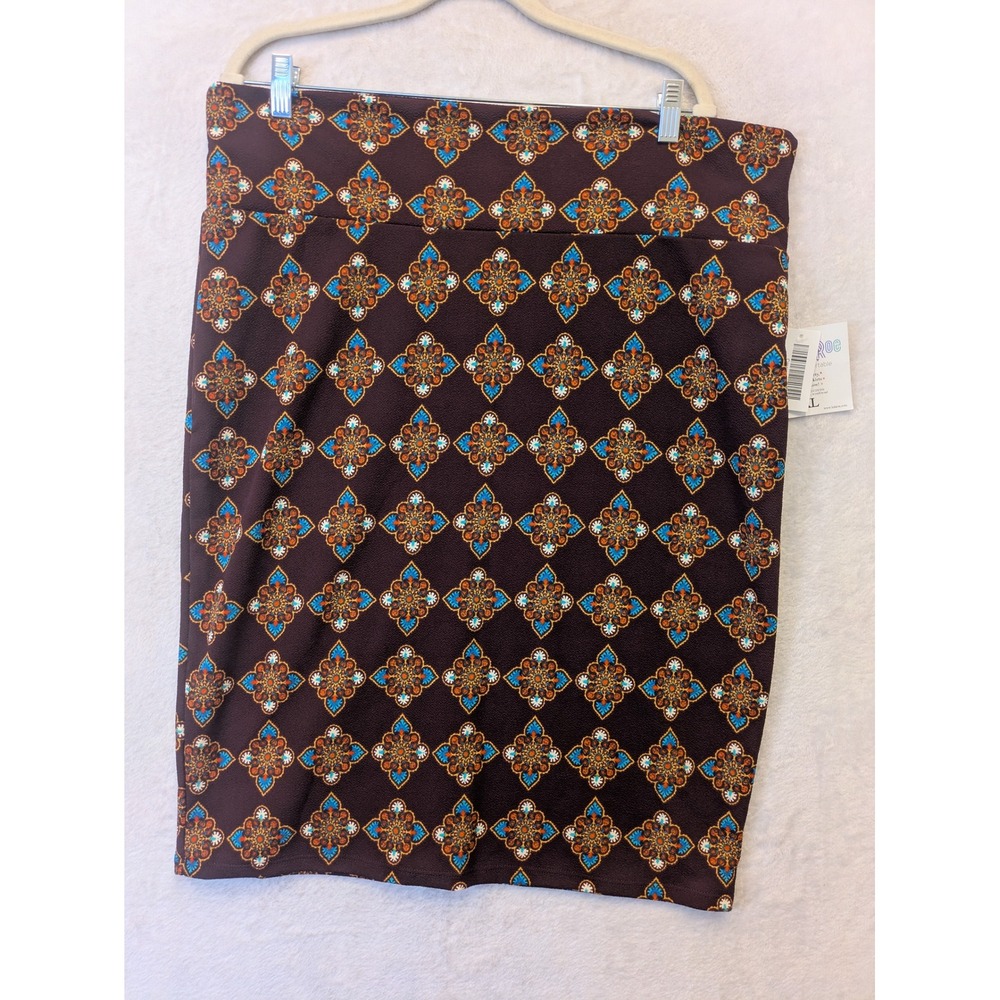 LuLaRoe Cassie Pencil Skirt 3XL Brown Blue Orange Geometric Medallion NWT USA